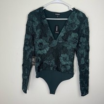 Express Lace Embroidered V-Neck Long Sleeve Thong Bodysuit Emerald Green... - $34.79
