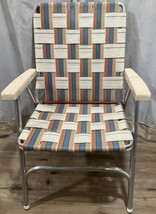Vintage Aluminum Webbed Folding Beach Lawn Chair Beige Blue 3-Stripe Striped EUC - £85.13 GBP