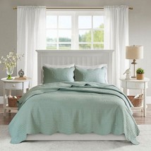 King Size 3 Piece Reversible Scalloped Edges Microfiber Quilt Set in Seafoam - £166.01 GBP