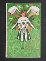 St Patricks Day Girl in Green Striped Dress Gold Clover Embossed Postcar... - $9.99