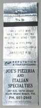 Joe&#39;s Pizzeria - North Miami Beach, Florida Restaurant 20 Strike Matchbook Cover - £1.30 GBP