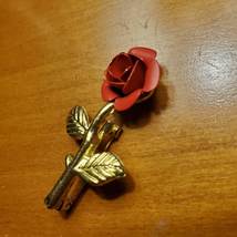 Vintage Red Rose Brooch, Gold Tone Metal Flower Lapel Pin, Floral Jewelry image 3