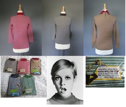 Vintage 70s mock Brown turtleneck zipper back/Nylon/ striped new M  - £21.54 GBP