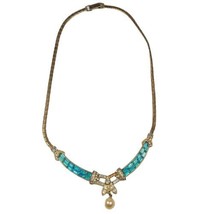 Denbe Choker Necklace Goldtone Faux Peral White Turquoise Rhinestones Vintage  - £18.68 GBP
