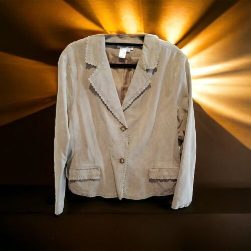 Beige Suede Women&#39;s Jacket by Coldwater Creek Scallop Trim Design Pocket... - $29.69