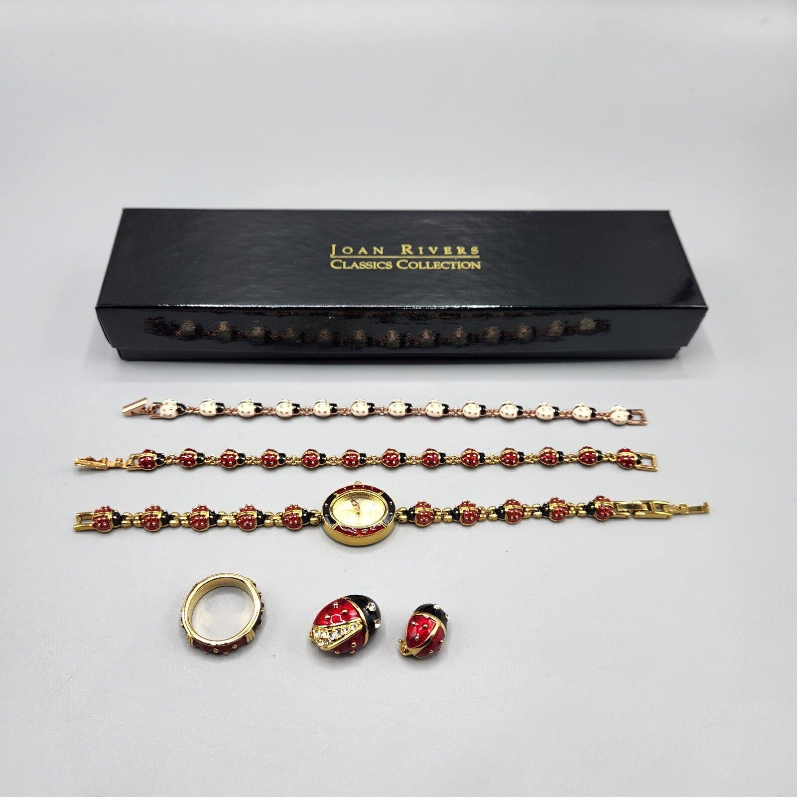 Joan Rivers Ladybug Watch Bracelet Ring Size 9 & Pin Set Red Black White - $290.24