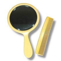 Vintage Celluloid Vanity Beveled Handheld Mirror Comb Set Yellow Round 1... - $19.95
