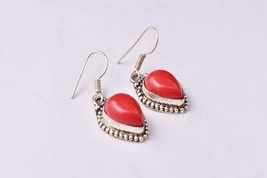 Rhodium Polished Handcrafted Oval Red Coral Vintage Dangle Earrings Women Gift - £15.80 GBP