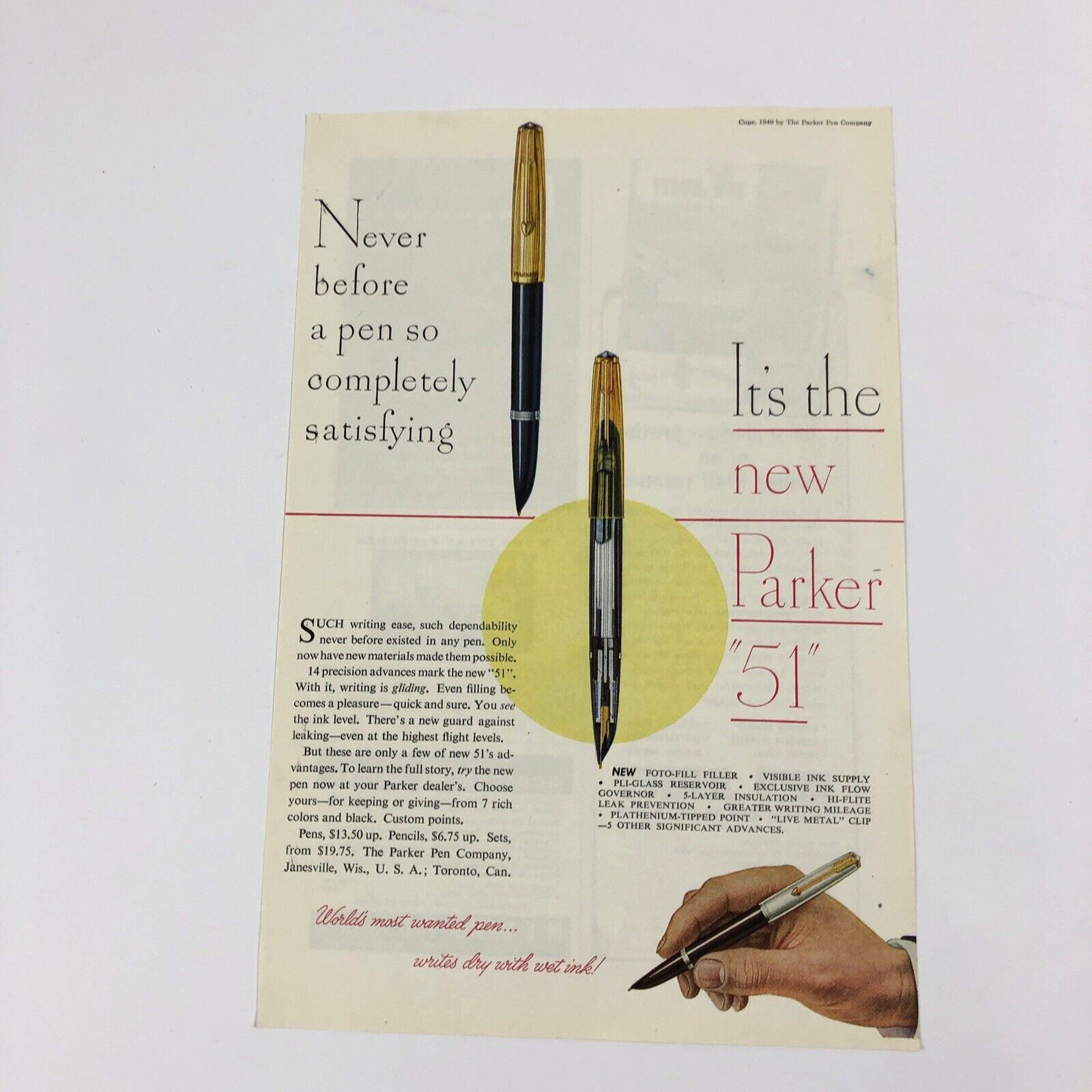 1949 New Parker 51 Pen 14 New Advances Parker Pen Company & New Jersey Print Ad - $10.58
