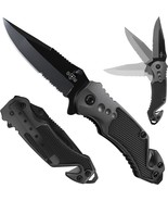 Black Serrated Blade Pocket Folding Knife w Glass Breaker &amp; Seaqtbelt Cu... - $20.48 CAD