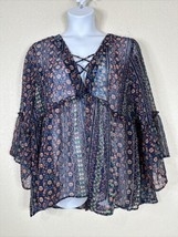 NWT Self Esteem Womens Plus Size 1X Sheer Blue Floral V-neck Top Long Sleeve - £16.75 GBP