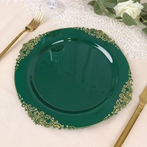 10 Hunter Green Gold 10&quot;&quot; Round Plastic Salad Dinner Plates Embossed Baroque Rim - $15.76