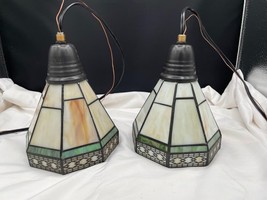 Pair of Spectrum Stained Glass Leaded Pendant Light Shades Green Beige M... - $48.38