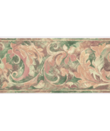WALLPAPER BORDER: BRUSHSTROKE LEAF SCROLL Acanthus Floral Green Peach Pl... - $28.49