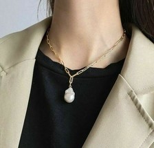 18K Yellow GP Natural Pearl Drop Pendant Necklace w/ Paperclip Chain 16&quot; Choker - £163.86 GBP