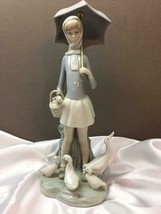 Lladro Figurine GIRL WITH UMBRELLA BASKET FEEDING DUCKS  #4510 Retired - $138.59