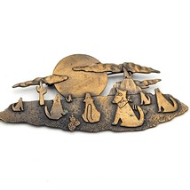 Vintage JJ Bronze-Tone Metal Wolves Howling at Moon Desert Scene Brooch Pin - £21.21 GBP