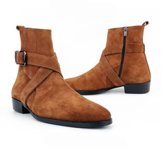Handmade Men&#39;s Tan Ankle High Jodhpurs Side Zipper Suede Stylish Boots - £119.89 GBP