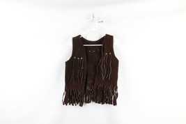 Vintage 60s Boho Chic Womens M Distressed Studded Fringed Suede Leather Vest USA - £118.36 GBP