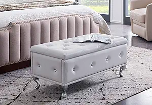 - Upholstered Storage Bench , White Faux Leather - $315.99