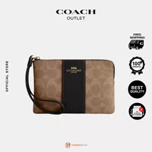 Coach Corner Zip in Signature Canvas with Leather Stripe women's (Tan Bl... - $149.00