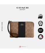 Coach Corner Zip in Signature Canvas with Leather Stripe women's (Tan Bl... - $149.00