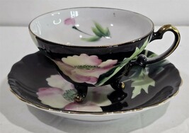 Vintage Floral Black Porcelain Tea Cup &amp; Saucer - $18.81