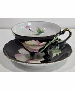Vintage Floral Black Porcelain Tea Cup &amp; Saucer - $346.16 MXN