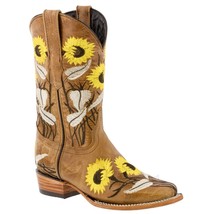 Womens Sunflower Embroidered Leather Honey Brown Cowgirl Western Boots Square - $113.99