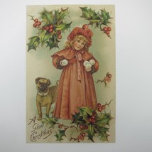 Christmas Postcard Victorian Girl Snowballs Dog Holly Berries Embossed A... - £15.62 GBP