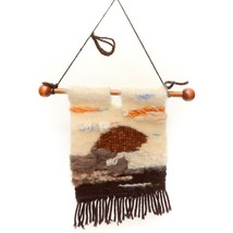 Vintage Macrame Wall Hanging Wool Fiber Fringe Brown Beige Wood Pole 12.5&quot; - £27.45 GBP