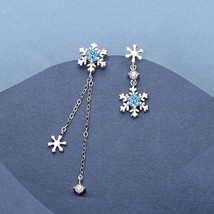 Snowflakes Asymmetry Blue CZ 925 Sterling Silver Dangling Chain Thread Earrings - £38.29 GBP