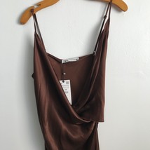 Zara Dress S Brown Satin Cowl Draped Mini Slip Zip Close Casual Tank Pul... - $20.30
