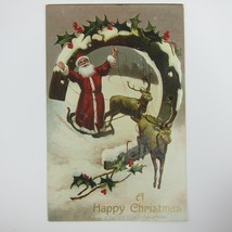 Christmas Postcard Santa Reindeer Sleigh Horseshoe Holly Berries Snow Antique - £16.02 GBP