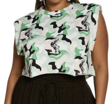 NWT OPEN EDIT Strong Shoulder Crop Cotton Muscle Top Green Abstract Camo Size 1X - £9.38 GBP