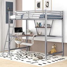 Twin Size Loft Metal and MDF Bed with Desk and Shelf,Practical Metal Loft Bed wi - £395.98 GBP