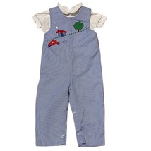 Vintage Sz 24 Months Boys Blue &amp; White Playsuit House/Car/Tree Applique - £18.88 GBP