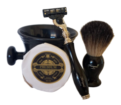 4-Pc Shaving Kit Haryali London 3-Edge Razor Synthetic Brush Mug Soap New - £24.65 GBP