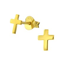 Cross 925 Sterling Silver Stud Earrings Gold Plated - £11.17 GBP