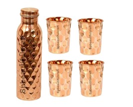 Copper Diamond Water Bottle 4 Drinking Tumbler Glass Ayurvedic Health Benefits - £35.58 GBP