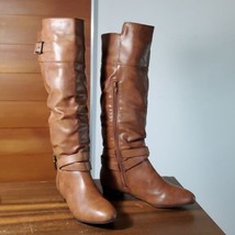 Material Girl Boots Size 7.5 Over The Knee Riding Flat Strappy Brown Tan Vegan - $44.10