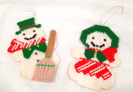 Vintage Handmade Mr &amp; Mrs Snowman Cross Stitch Ornaments Cute Holiday Decor - £2.95 GBP