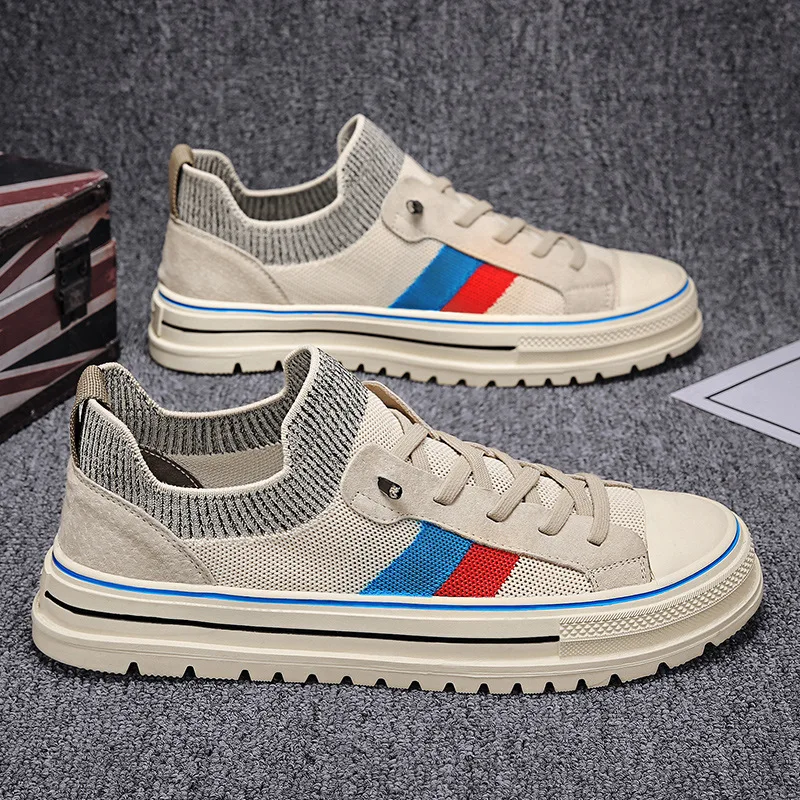 Asual shoes spring summer striped street cool man flat skateboard shoes breathable knit thumb200