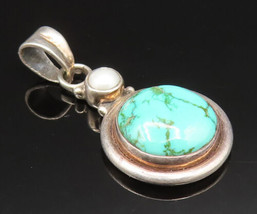 925 Sterling Silver - Vintage Turquoise &amp; Cultured Pearl Round Pendant - PT20951 - £30.39 GBP