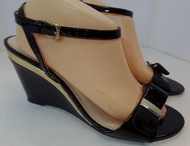 Monet Made In Italy Black Patent Strappy Wedge Sandals Goldtone Accents ... - £27.10 GBP