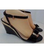 Monet Made In Italy Black Patent Strappy Wedge Sandals Goldtone Accents ... - £27.66 GBP