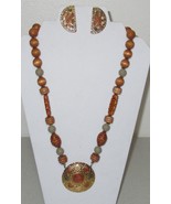 Vintage LR Signed NECKLACE &amp; EARRINGS SET Enamel Pendant / Earrings Carv... - £11.85 GBP