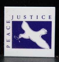PEACE JUSTICE Dove Button Pinback 1985 Protest War Human Rights Square P... - $20.91 CAD