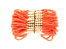 Multistrand Cuff Bracelet Orange Coral &amp; Gold Color Beads Vtg Women&#39;s Jewelry - £9.43 GBP