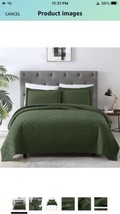 EXQ Home Quilt Set Twin Size Olive Green Squares Pattern Bedspread 1 Quilt 1Sham - £18.40 GBP